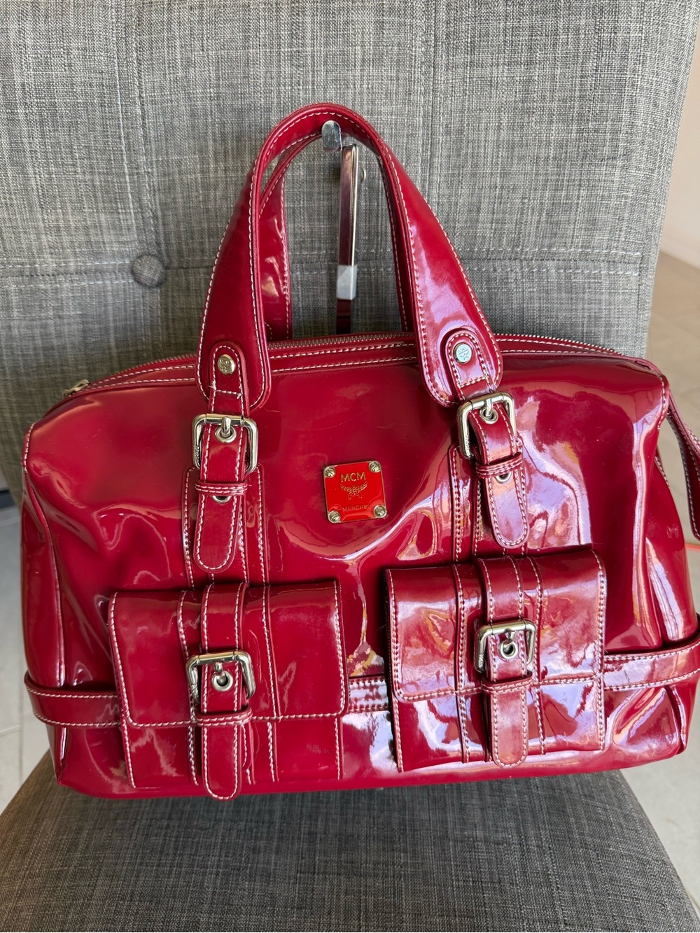 Mcm Red Patent Tote Bag -
